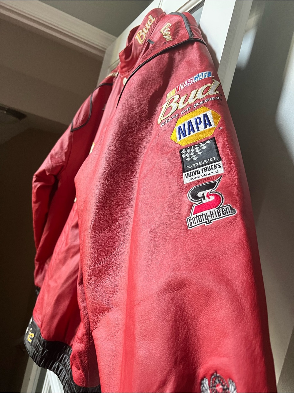 Budweiser Red Racing-Style Leather Bomber Jacket with Gold Logo - Picture 3 of 4